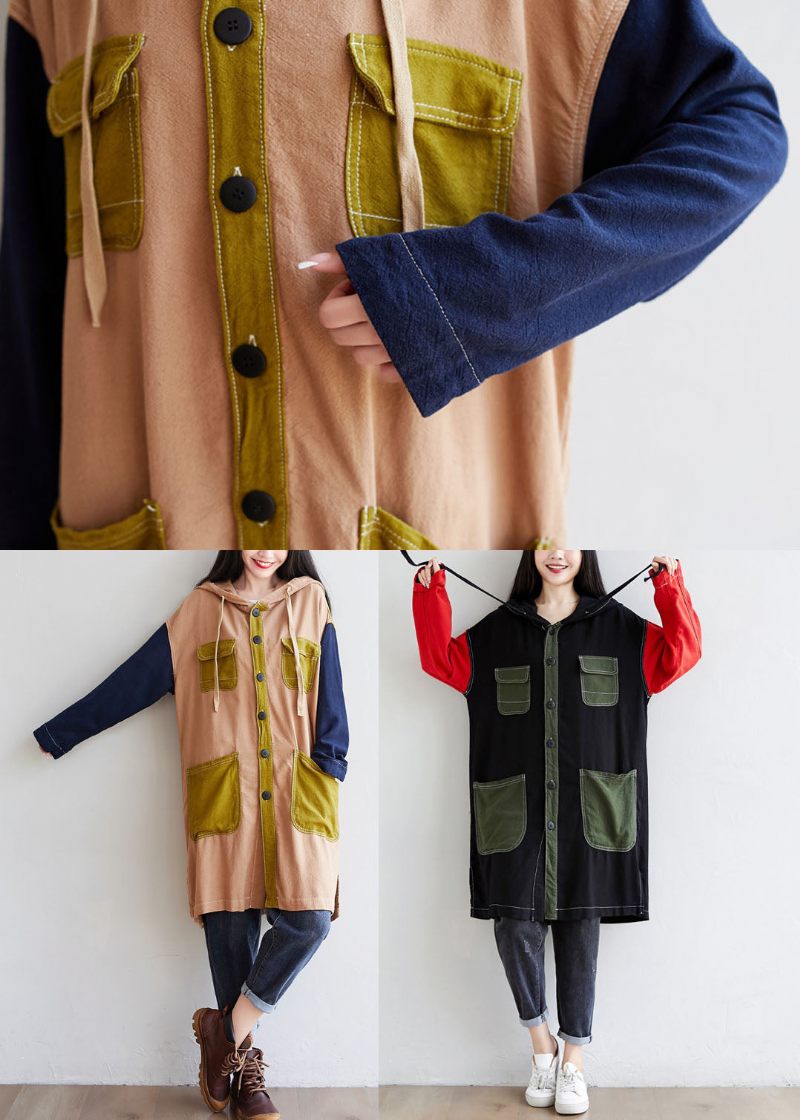 Diy Sorte Hættelommer Patchwork Linned Trench Spring - Dame trenchcoats