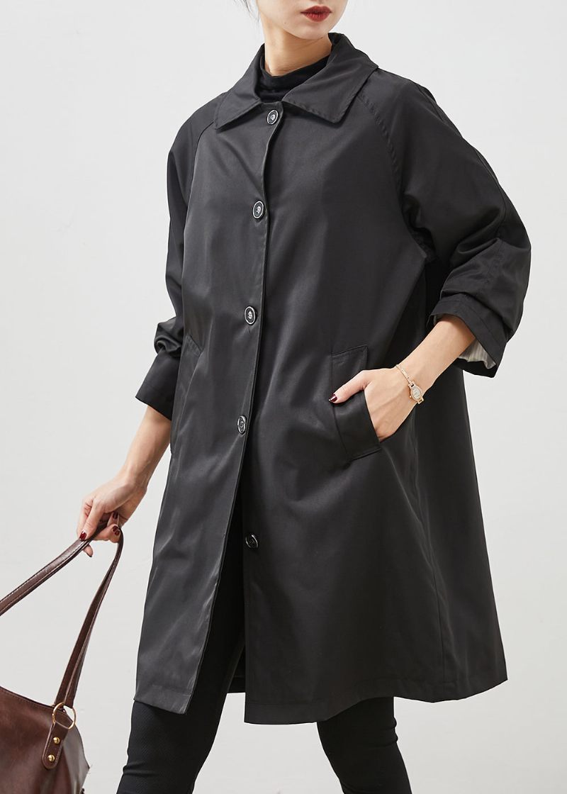 Diy Sorte Overdimensionerede Lommer Bomuld Trench Spring - Dame trenchcoats