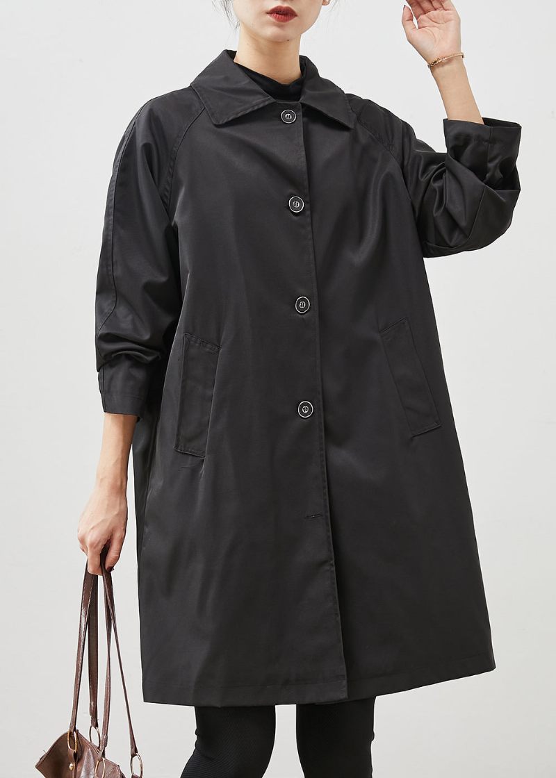 Diy Sorte Overdimensionerede Lommer Bomuld Trench Spring - Dame trenchcoats