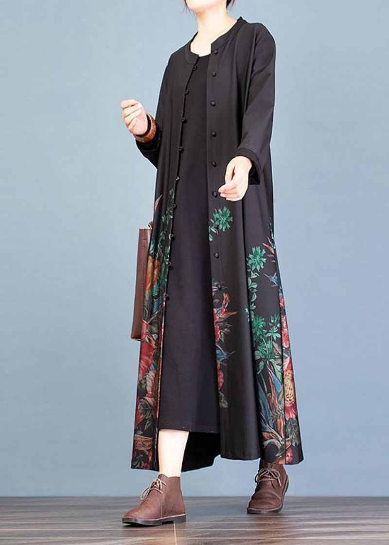 Elegant Afslappet Frakke Efterår Kvinder Frakker Sorte Prints Trenchcoats - Sort