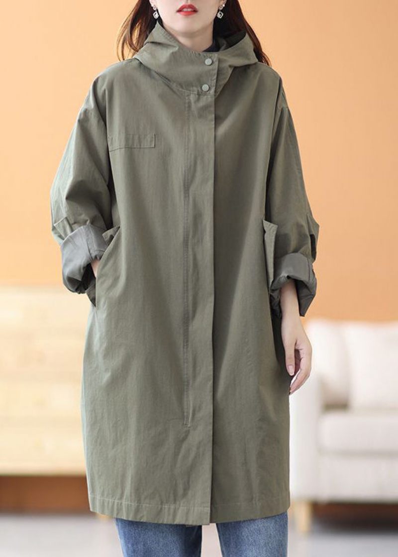 Elegant Army Green Hooded Oversized Trench Coats I Bomuld Forår