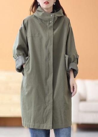 Elegant Army Green Hooded Oversized Trench Coats I Bomuld Forår