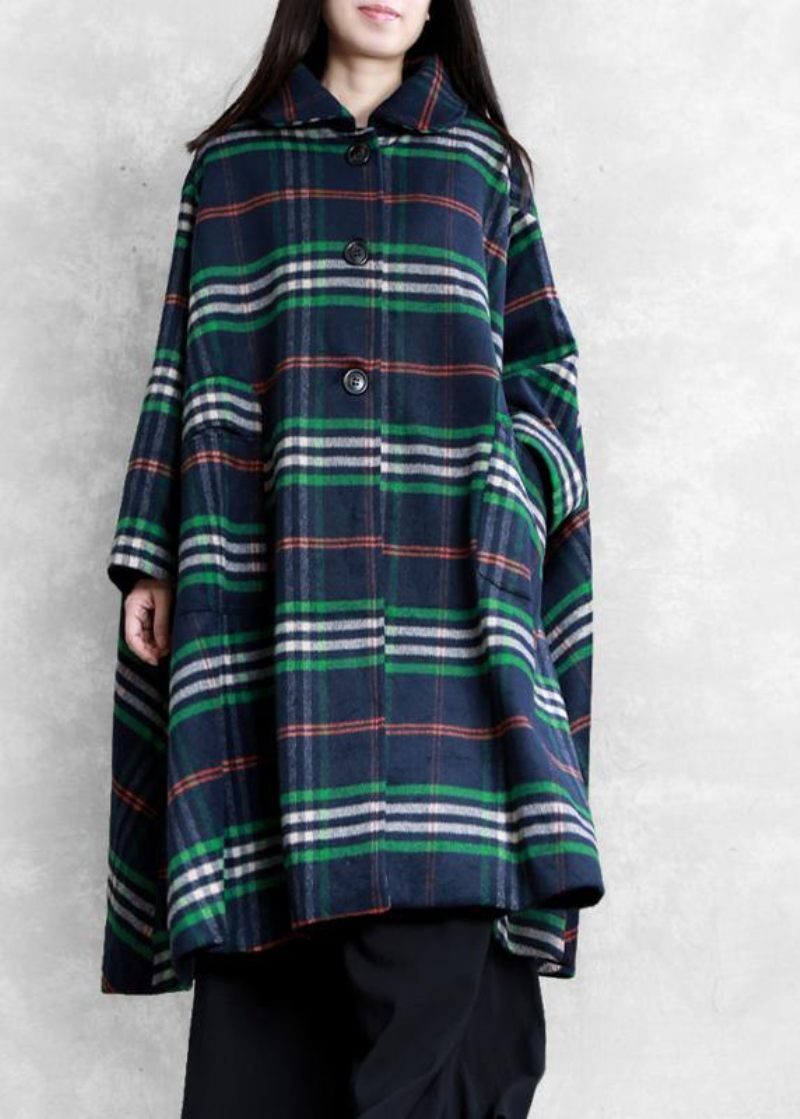 Elegant Blå Plaid Uldoverfrakke Plus Size Tøj Peter Pan Krave Stor Søm Frakker