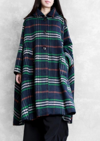 Elegant Blå Plaid Uldoverfrakke Plus Size Tøj Peter Pan Krave Stor Søm Frakker