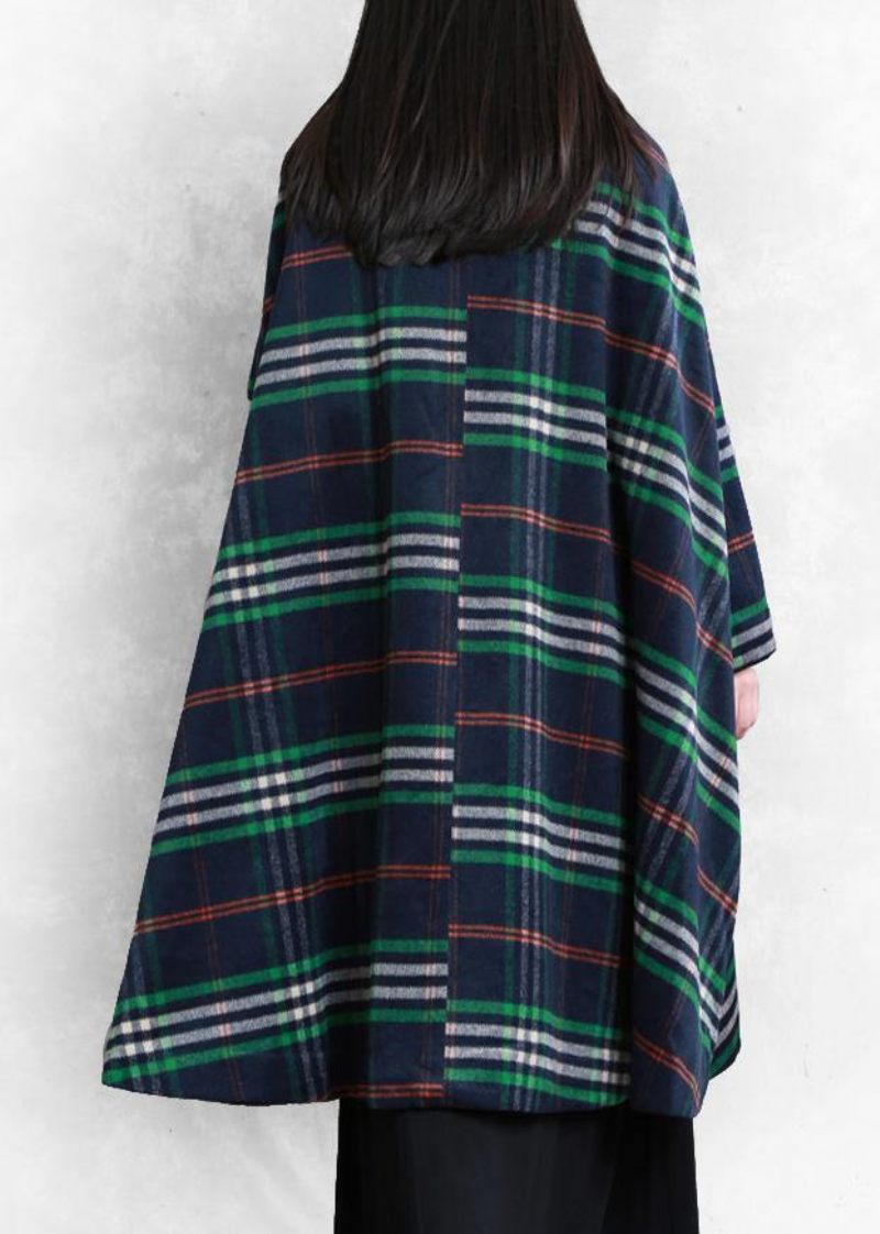 Elegant Blå Plaid Uldoverfrakke Plus Size Tøj Peter Pan Krave Stor Søm Frakker - Dame trenchcoats