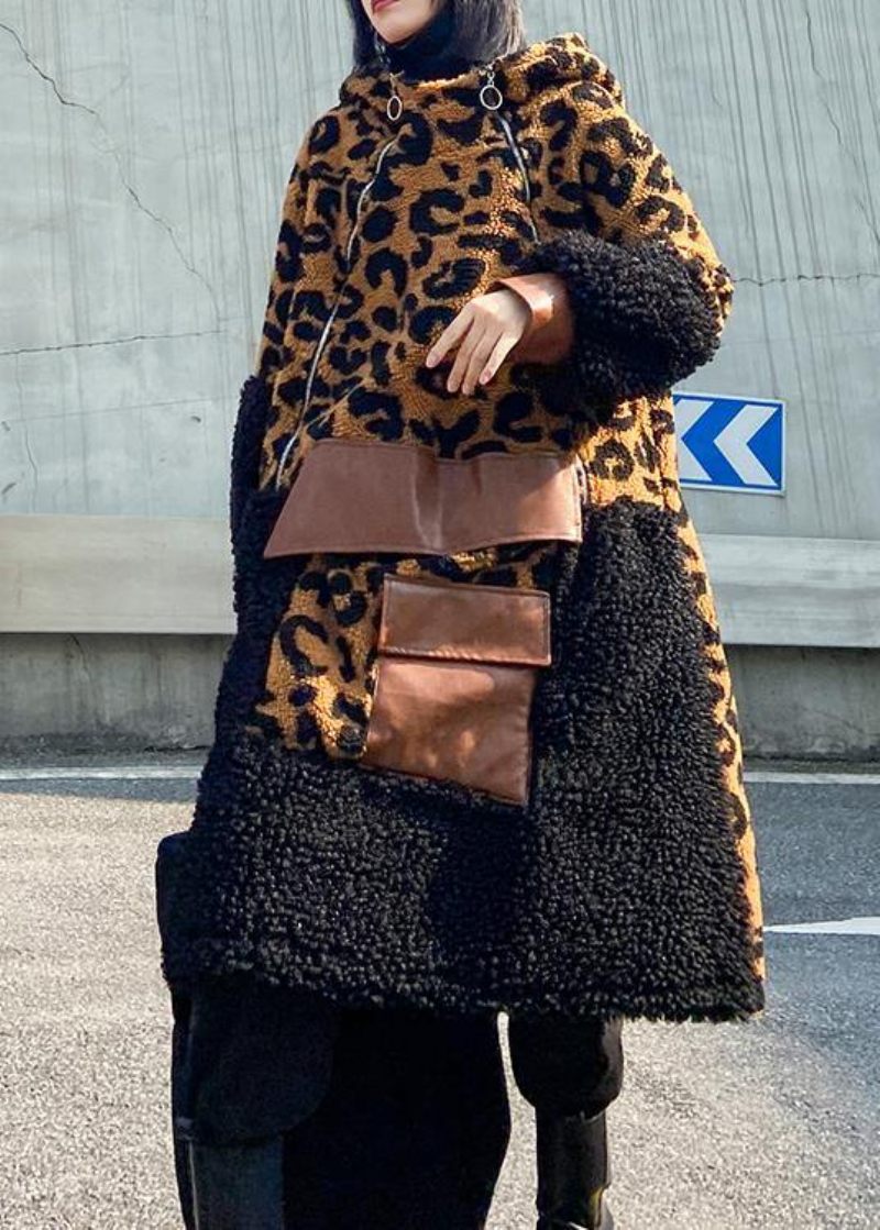 Elegant Chokolade Leopard Uldfrakke Kvinder Vinterfrakke Hætte Frakke Med Lynlås - Dame trenchcoats