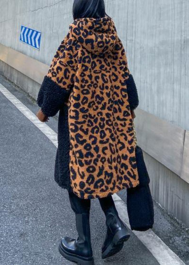 Elegant Chokolade Leopard Uldfrakke Kvinder Vinterfrakke Hætte Frakke Med Lynlås - Dame trenchcoats