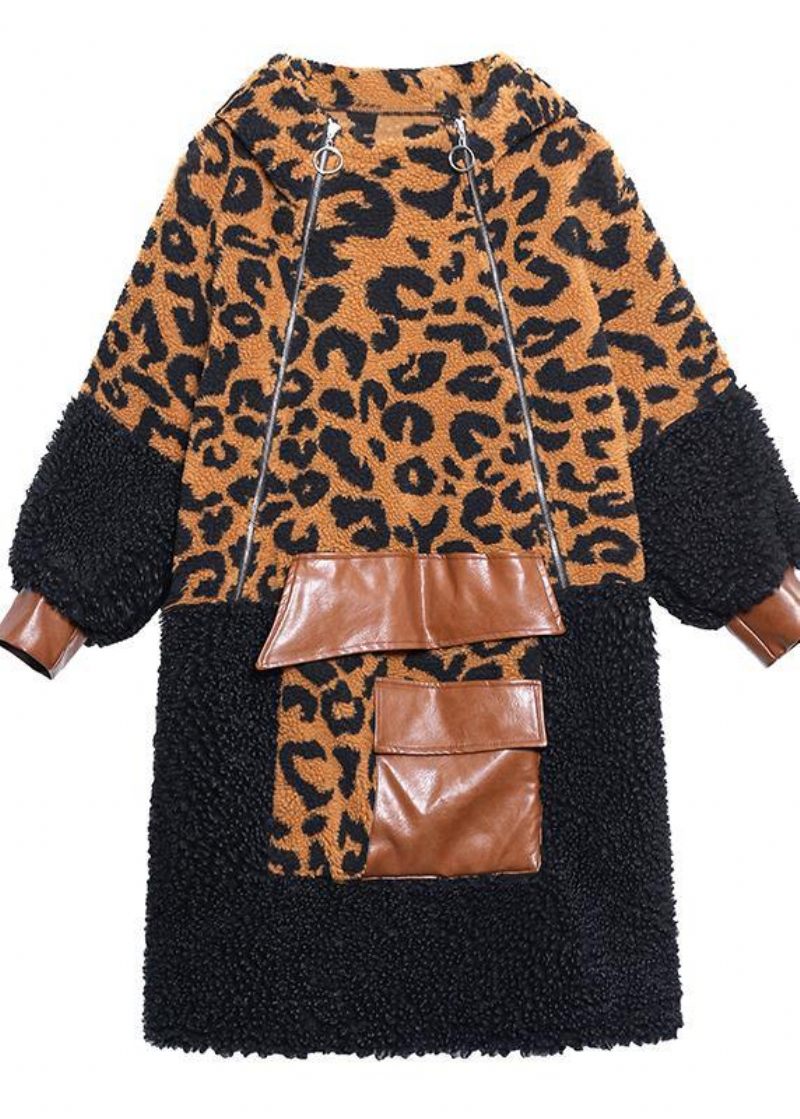 Elegant Chokolade Leopard Uldfrakke Kvinder Vinterfrakke Hætte Frakke Med Lynlås - Dame trenchcoats