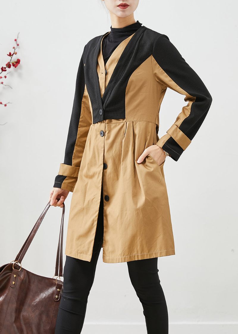 Elegant Colorblock Silm Fit Patchwork Bomuld Trench Fall - Dame trenchcoats