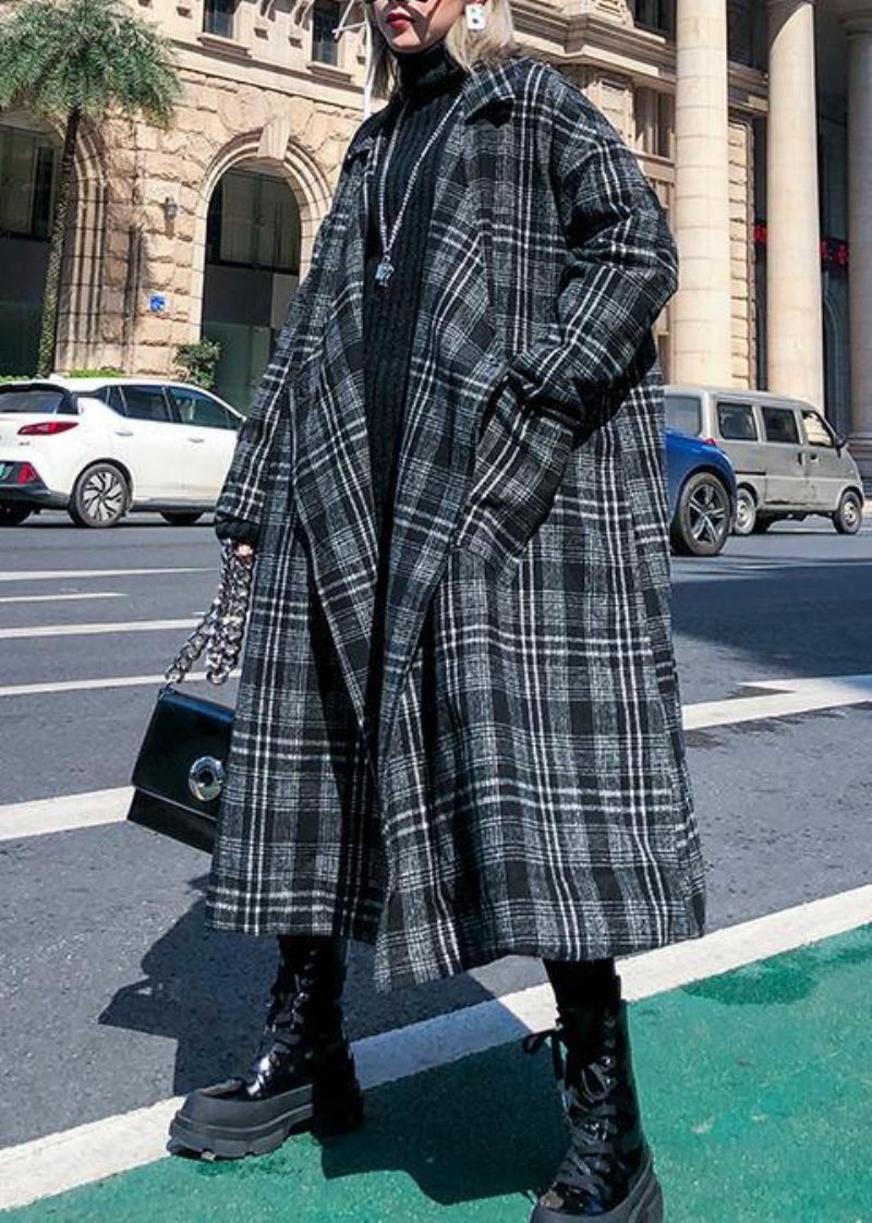 Elegant Grå Plaid Uldfrakke Kvinder Plus Størrelse Lange Frakker Med Hakkede Lommer - Dame trenchcoats