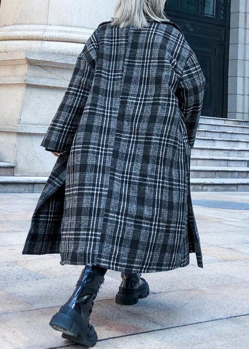 Elegant Grå Plaid Uldfrakke Kvinder Plus Størrelse Lange Frakker Med Hakkede Lommer - Dame trenchcoats