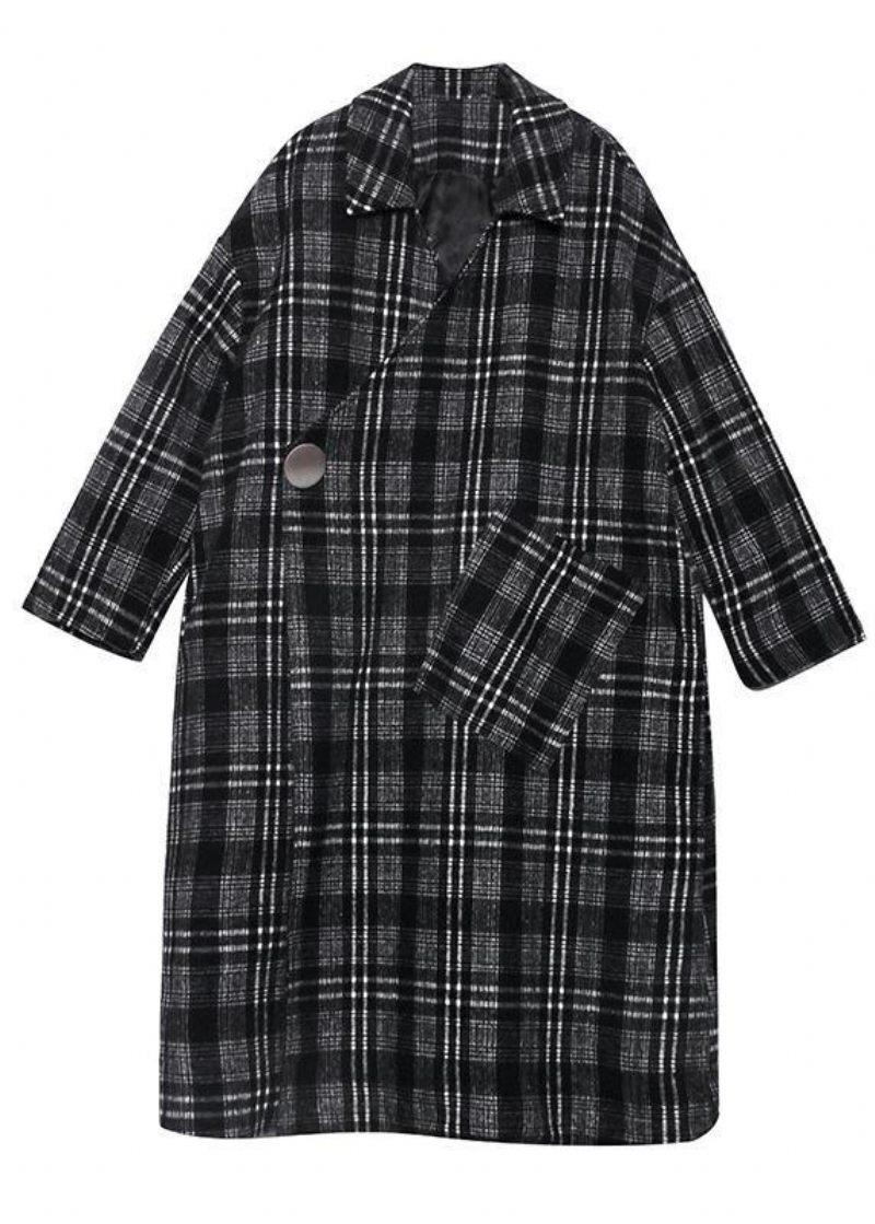 Elegant Grå Plaid Uldfrakke Kvinder Plus Størrelse Lange Frakker Med Hakkede Lommer - Dame trenchcoats