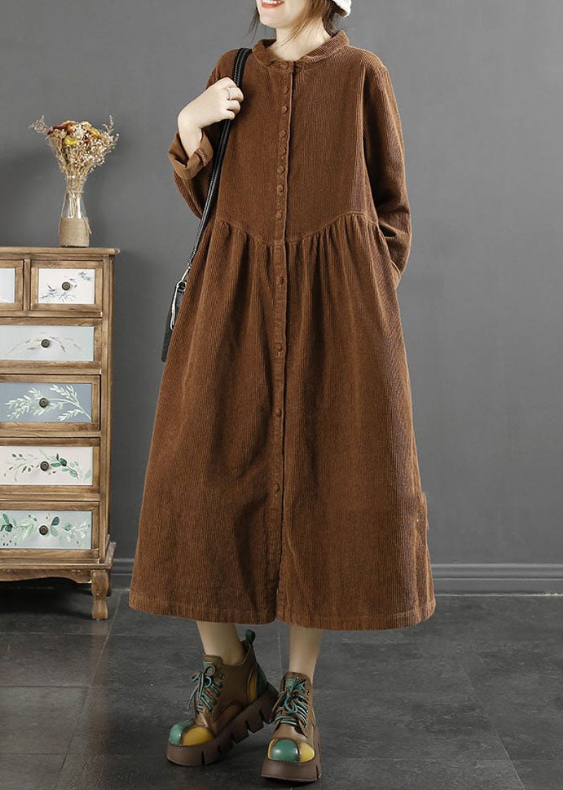 Elegant Kaffe Firkantet Krave Rynket Patchwork Corduroy Lang Trench Coats Langærmet - Kaffe