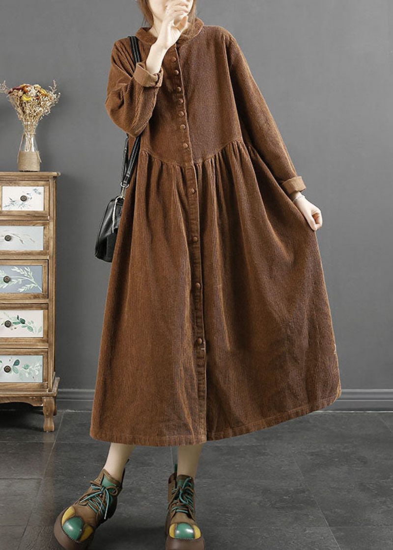 Elegant Kaffe Firkantet Krave Rynket Patchwork Corduroy Lang Trench Coats Langærmet - Kaffe