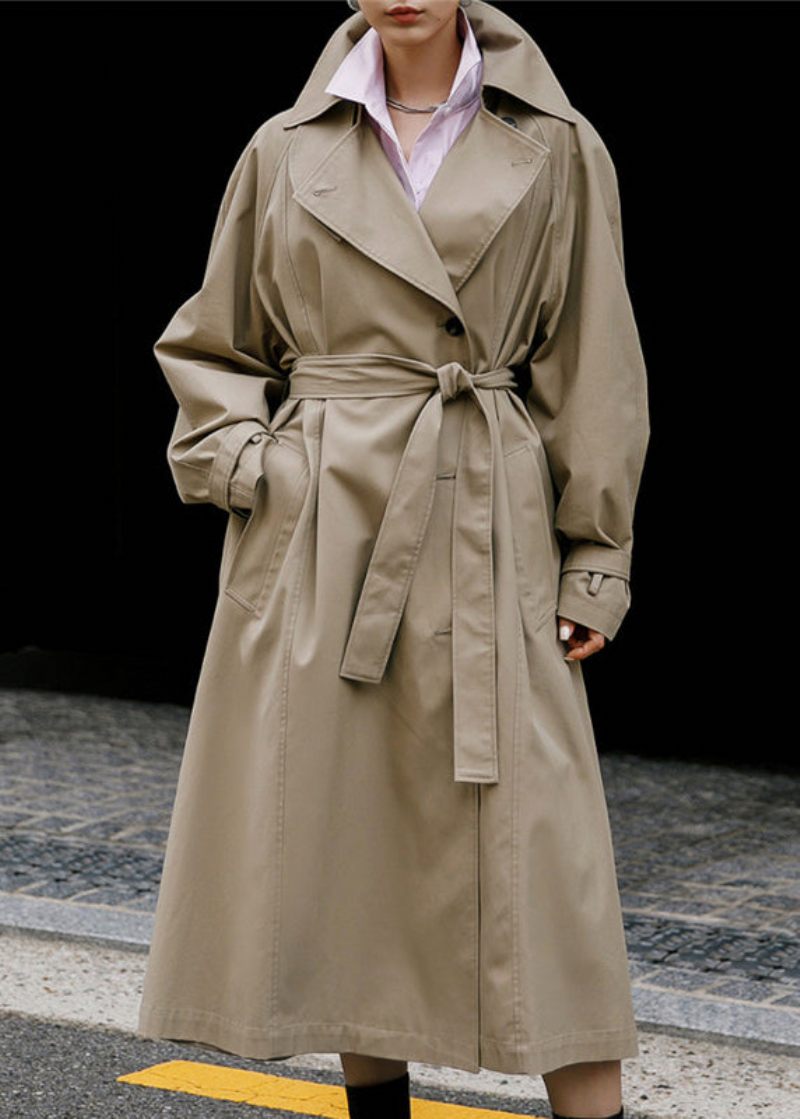 Elegant Khaki Peter Pan Krave Bindebånd Talje Knaplommer Bomuld Trenchcoats Lange Ærmer - Dame trenchcoats