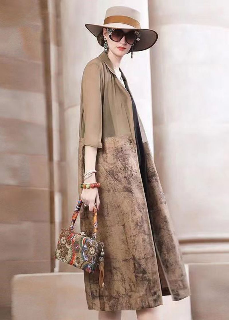 Elegant Khaki Peter Pan Krave Print Patchwork Bomuld Trench Fall - Dame trenchcoats