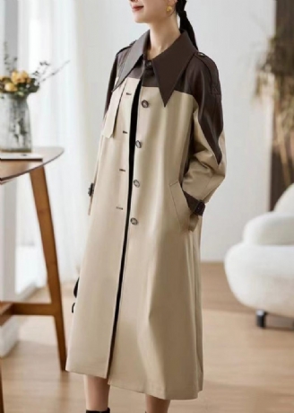 Elegant Khaki Peter Pan Kravelommer Patchwork Kunstlæder Trench Fall