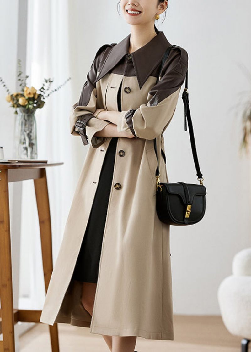 Elegant Khaki Peter Pan Kravelommer Patchwork Kunstlæder Trench Fall - Dame trenchcoats