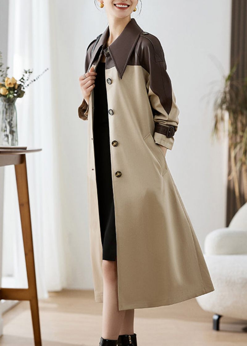 Elegant Khaki Peter Pan Kravelommer Patchwork Kunstlæder Trench Fall - Dame trenchcoats