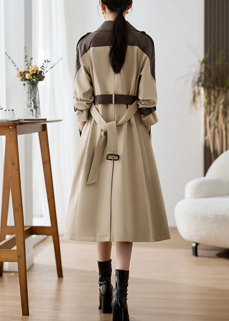 Elegant Khaki Peter Pan Kravelommer Patchwork Kunstlæder Trench Fall - Dame trenchcoats