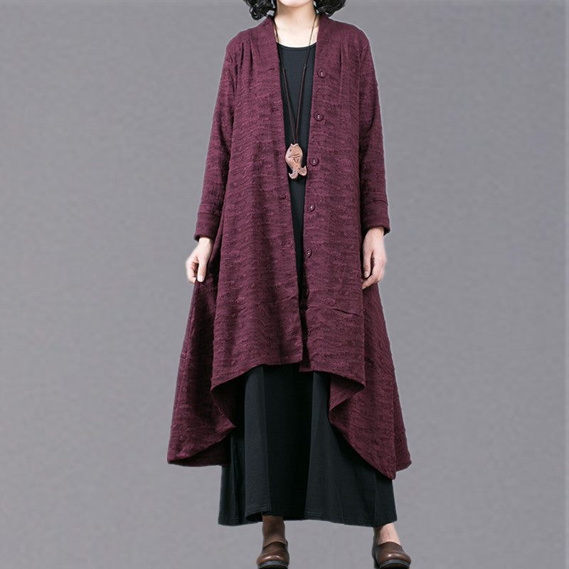 Elegant Lilla Jacquard Maxi Frakke Trendy Plus Size Baggy Stor Søm Asymmetrisk Design Trenchcoat Fin Patchwork