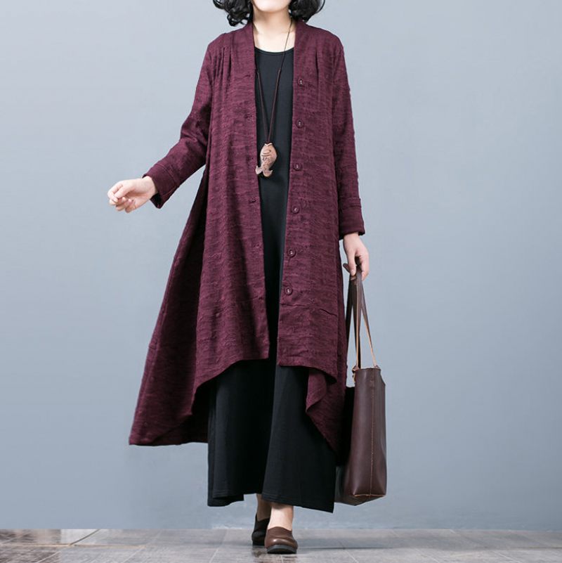 Elegant Lilla Jacquard Maxi Frakke Trendy Plus Size Baggy Stor Søm Asymmetrisk Design Trenchcoat Fin Patchwork - Dame trenchcoats