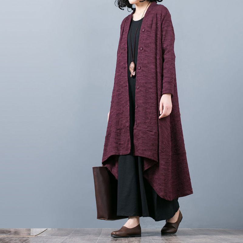 Elegant Lilla Jacquard Maxi Frakke Trendy Plus Size Baggy Stor Søm Asymmetrisk Design Trenchcoat Fin Patchwork - Dame trenchcoats