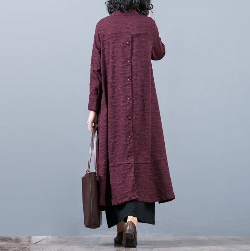 Elegant Lilla Jacquard Maxi Frakke Trendy Plus Size Baggy Stor Søm Asymmetrisk Design Trenchcoat Fin Patchwork - Dame trenchcoats