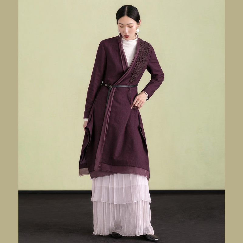 Elegant Lilla Uldoverfrakke Løstsiddende Broderi Vinterfrakke Patchworkjakke - Dame trenchcoats