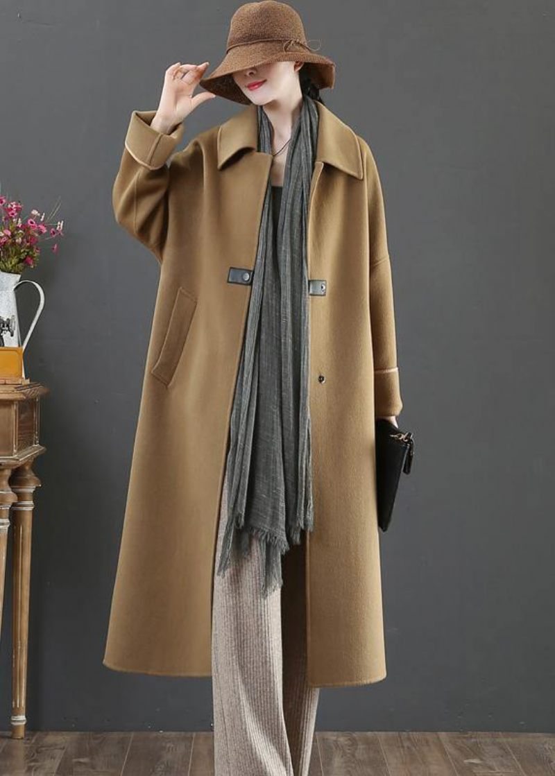 Elegant Oversize Frakker Vinter Ulden Outwear Brun Revers Lommer Uld Frakke Til Kvinde