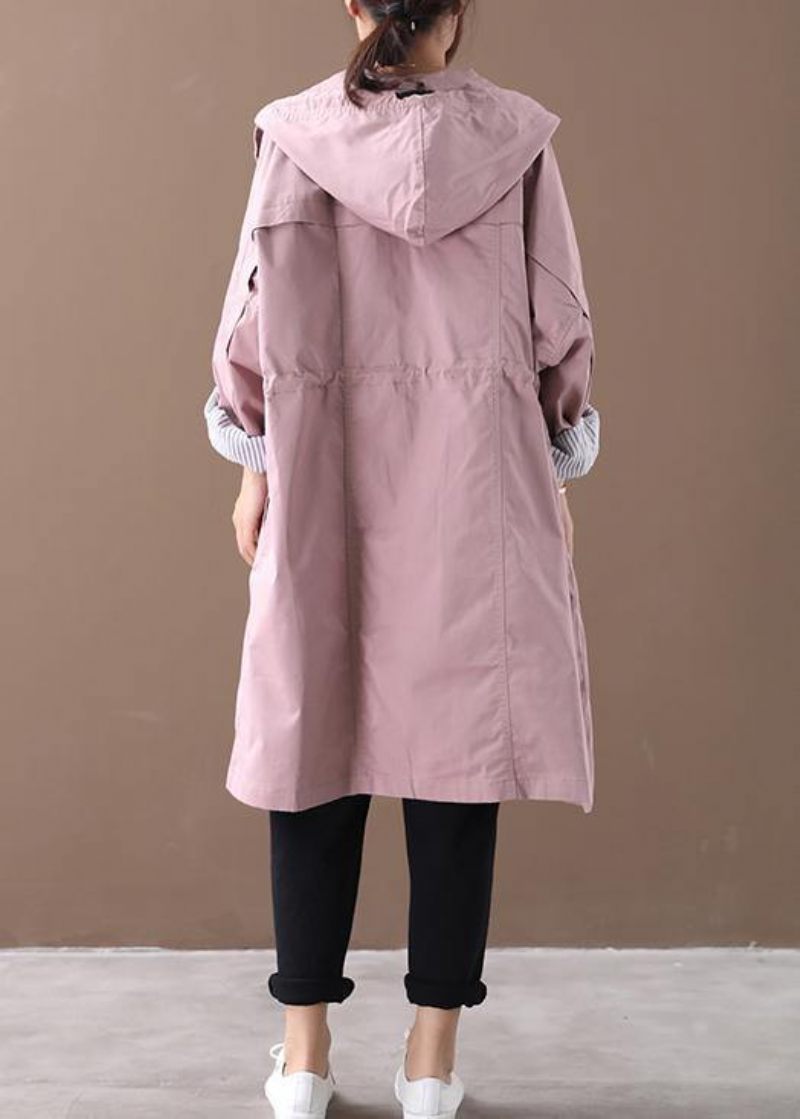 Elegant Pink Modetøj Med Hætte Lommer Med Snøre Outwear - Pink