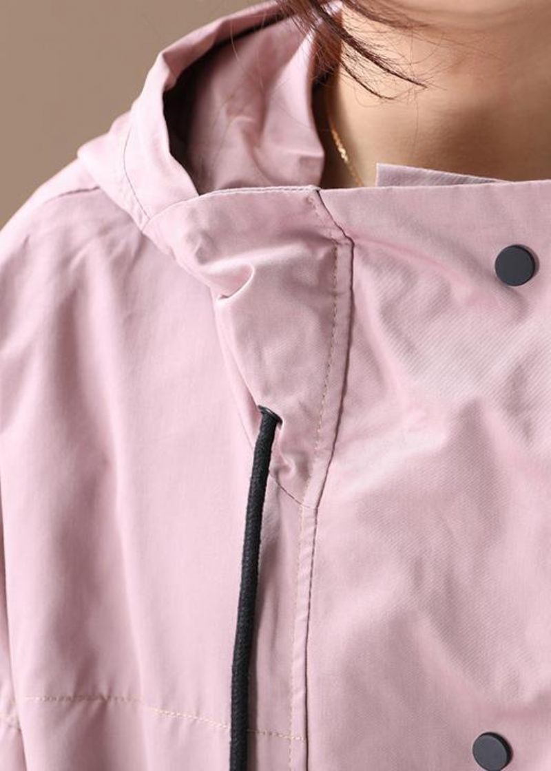 Elegant Pink Modetøj Med Hætte Lommer Med Snøre Outwear - Pink