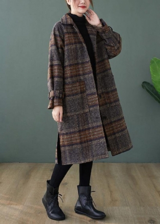 Elegant Plaid Fin Maxi Frakke Form Revers Side Åbne Frakker