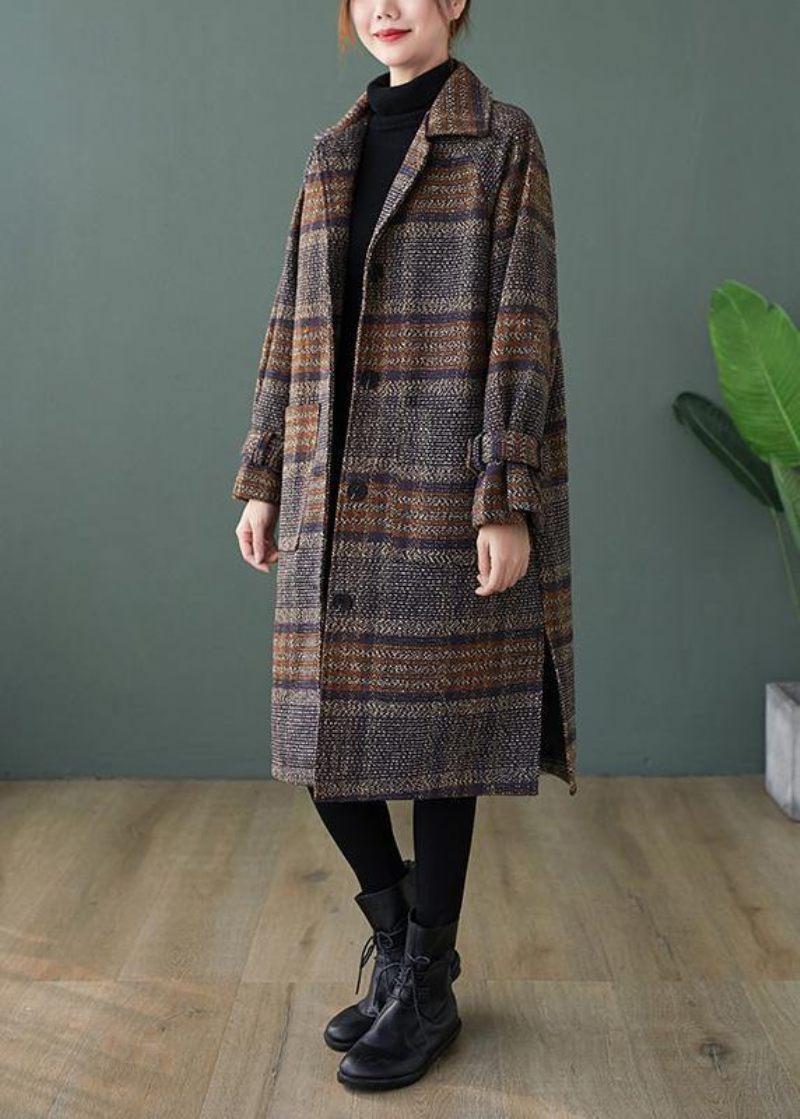 Elegant Plaid Fin Maxi Frakke Form Revers Side Åbne Frakker - Dame trenchcoats