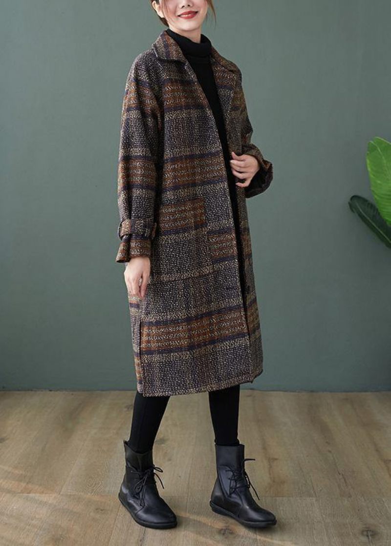 Elegant Plaid Fin Maxi Frakke Form Revers Side Åbne Frakker - Dame trenchcoats