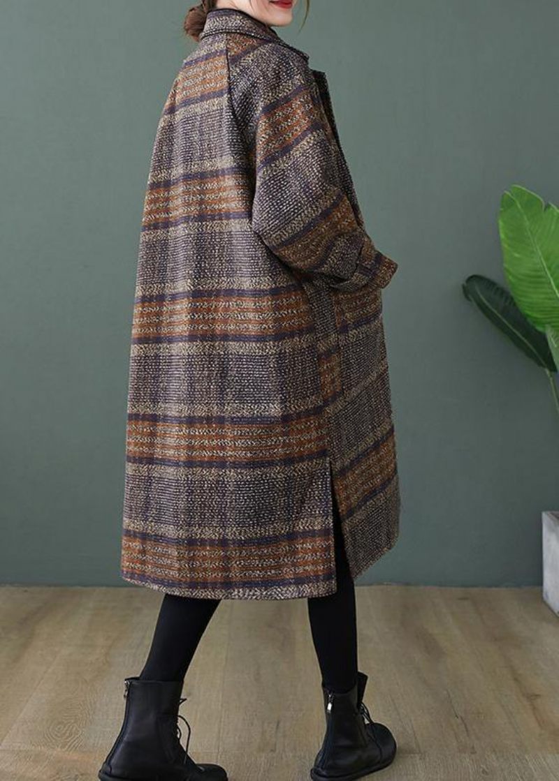 Elegant Plaid Fin Maxi Frakke Form Revers Side Åbne Frakker - Dame trenchcoats