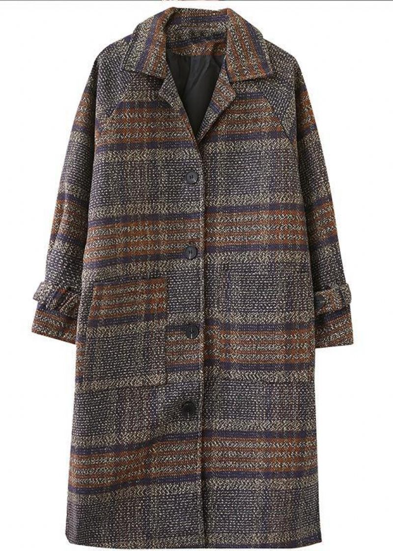 Elegant Plaid Fin Maxi Frakke Form Revers Side Åbne Frakker - Dame trenchcoats