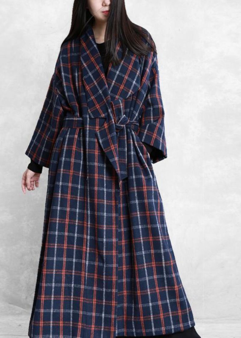 Elegant Plus Size Frakker Blå Plaid Uldfrakke Med Slips I Taljen Til Kvinde