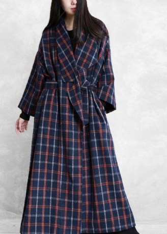 Elegant Plus Size Frakker Blå Plaid Uldfrakke Med Slips I Taljen Til Kvinde