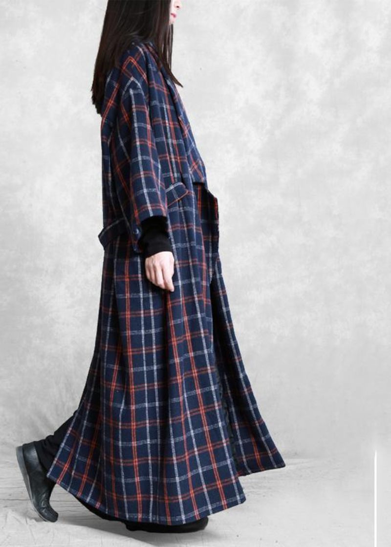 Elegant Plus Size Frakker Blå Plaid Uldfrakke Med Slips I Taljen Til Kvinde - Dame trenchcoats