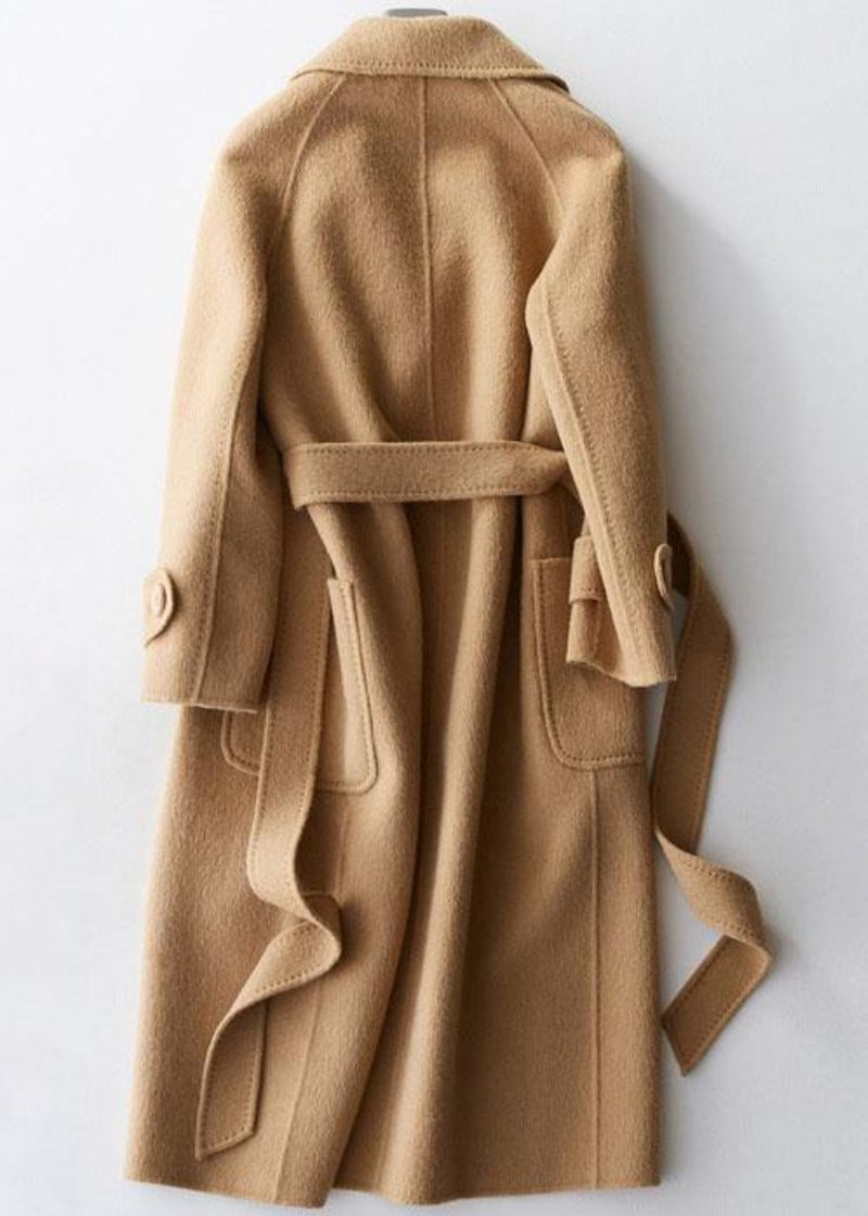 Elegant Plus Size Tøj Lange Jakker Reverskrave Kvinder Frakker Khaki Bindebånd Talje Uld Overfrakke - Dame trenchcoats