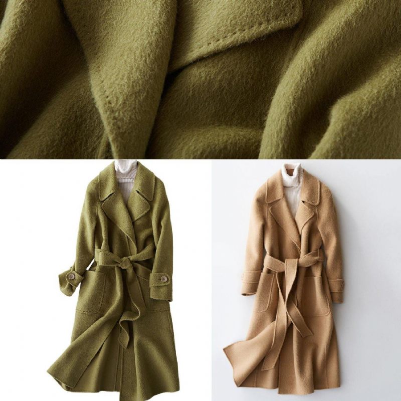 Elegant Plus Size Tøj Lange Jakker Reverskrave Kvinder Frakker Khaki Bindebånd Talje Uld Overfrakke - Dame trenchcoats