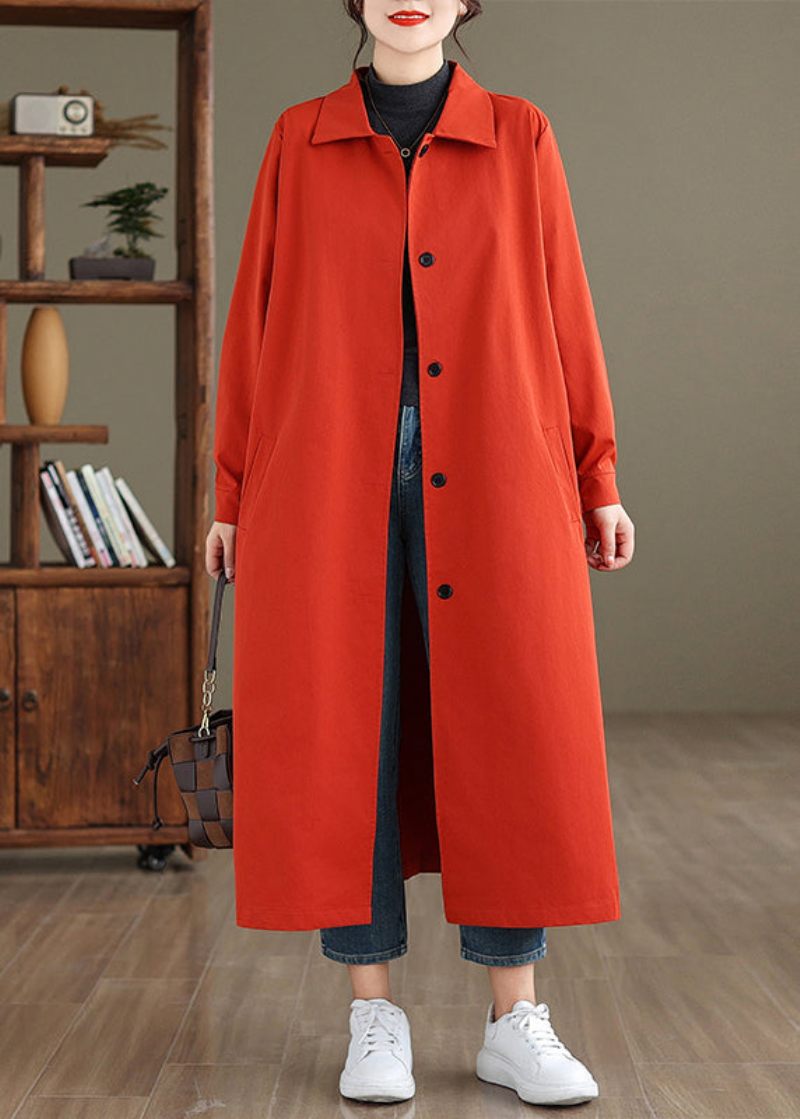 Elegant Rød Peter Pan Krave Knap Bomuld Trenchcoat Fjeder - Dame trenchcoats