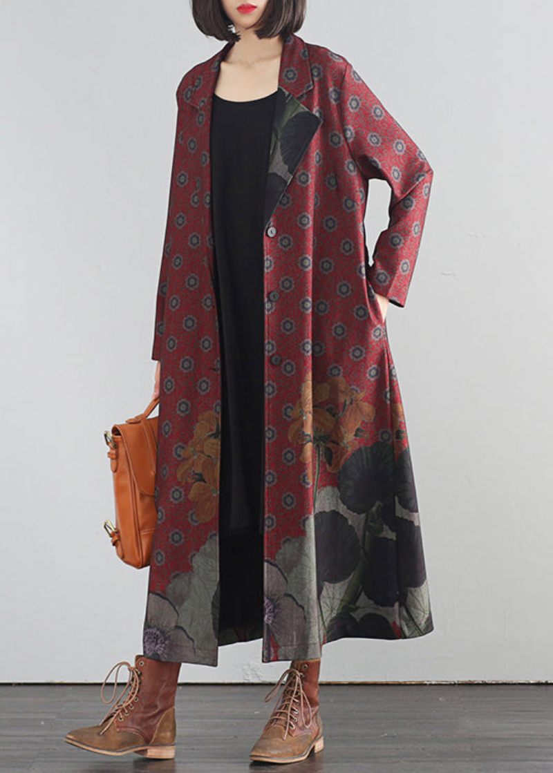 Elegant Rød V-hals Print Knap Maxi Trench Coats Efterår - Rød