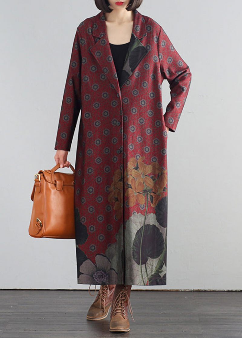 Elegant Rød V-hals Print Knap Maxi Trench Coats Efterår - Rød