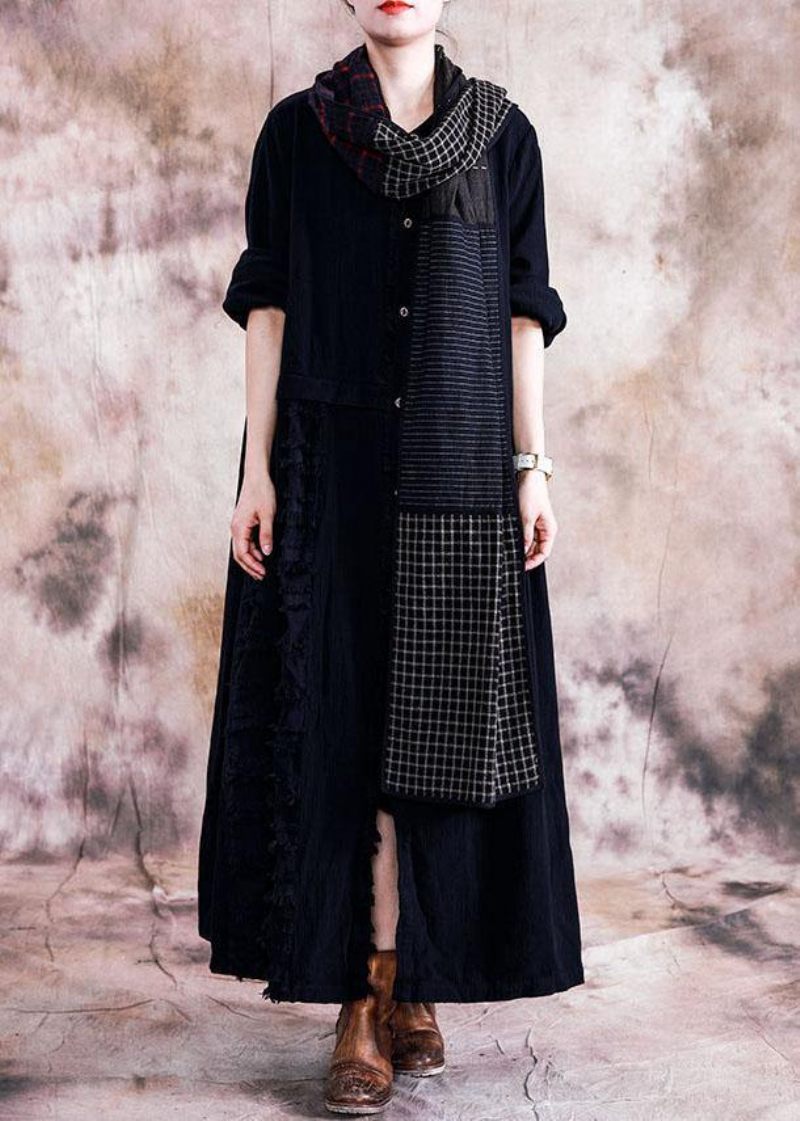 Elegant Sort Bomuldsoverfrakke Oversize Trenchcoats Efterår Linned Outwear Patchwork