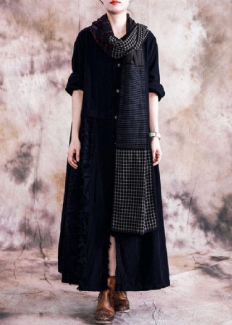 Elegant Sort Bomuldsoverfrakke Oversize Trenchcoats Efterår Linned Outwear Patchwork