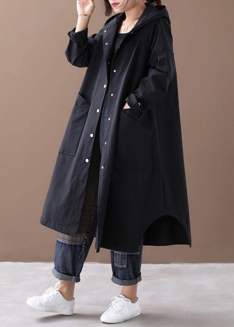 Elegant Sort Fashion Box Coat Inspiration Hætte Med Store Lommer