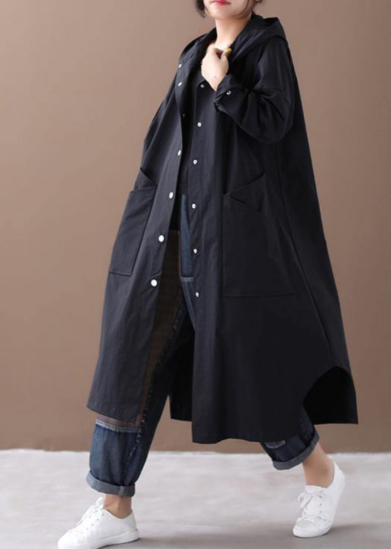 Elegant Sort Fashion Box Coat Inspiration Hætte Med Store Lommer - Sort