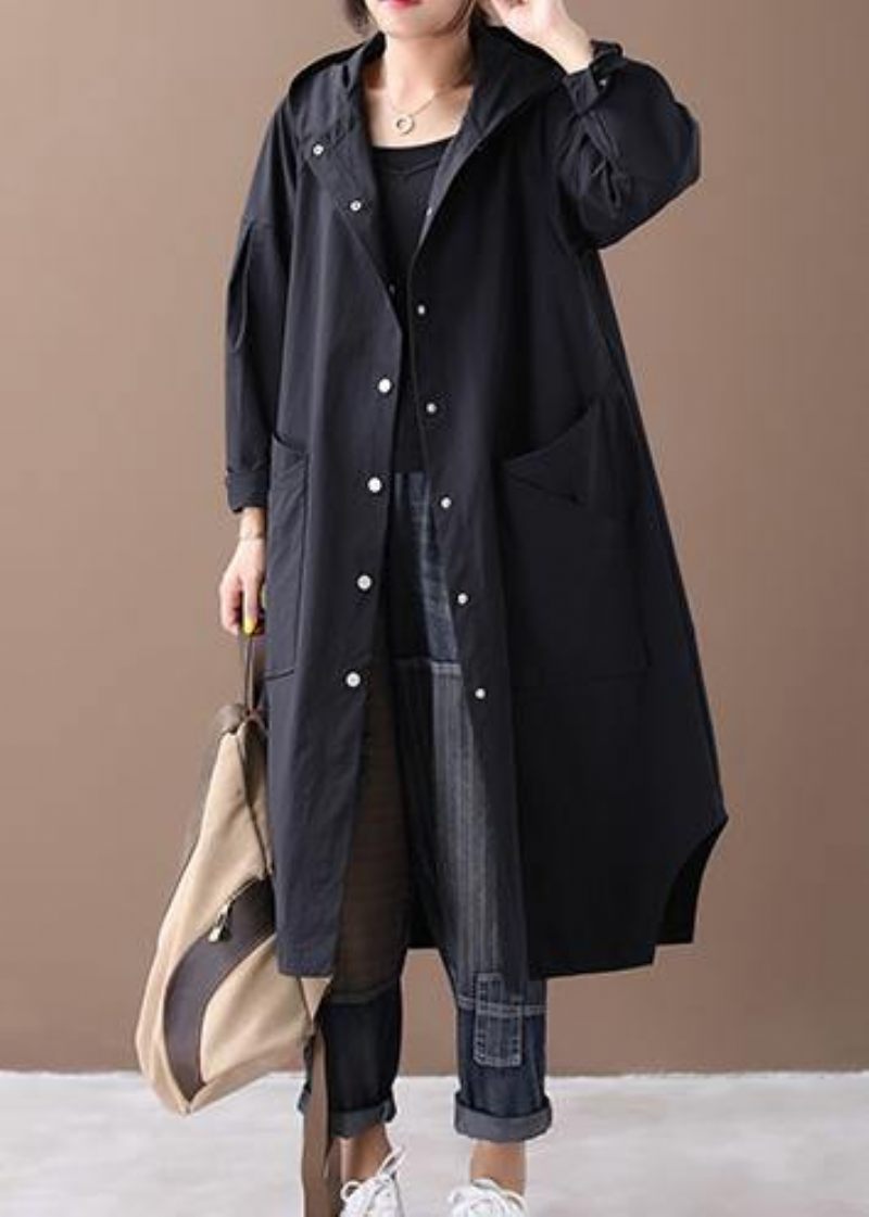 Elegant Sort Fashion Box Coat Inspiration Hætte Med Store Lommer - Sort